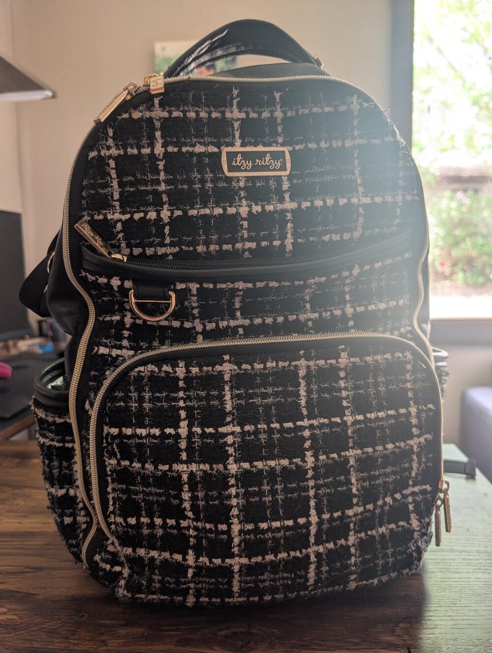 Itzy Ritzy Black & Cream Tweed Diaper Backpack